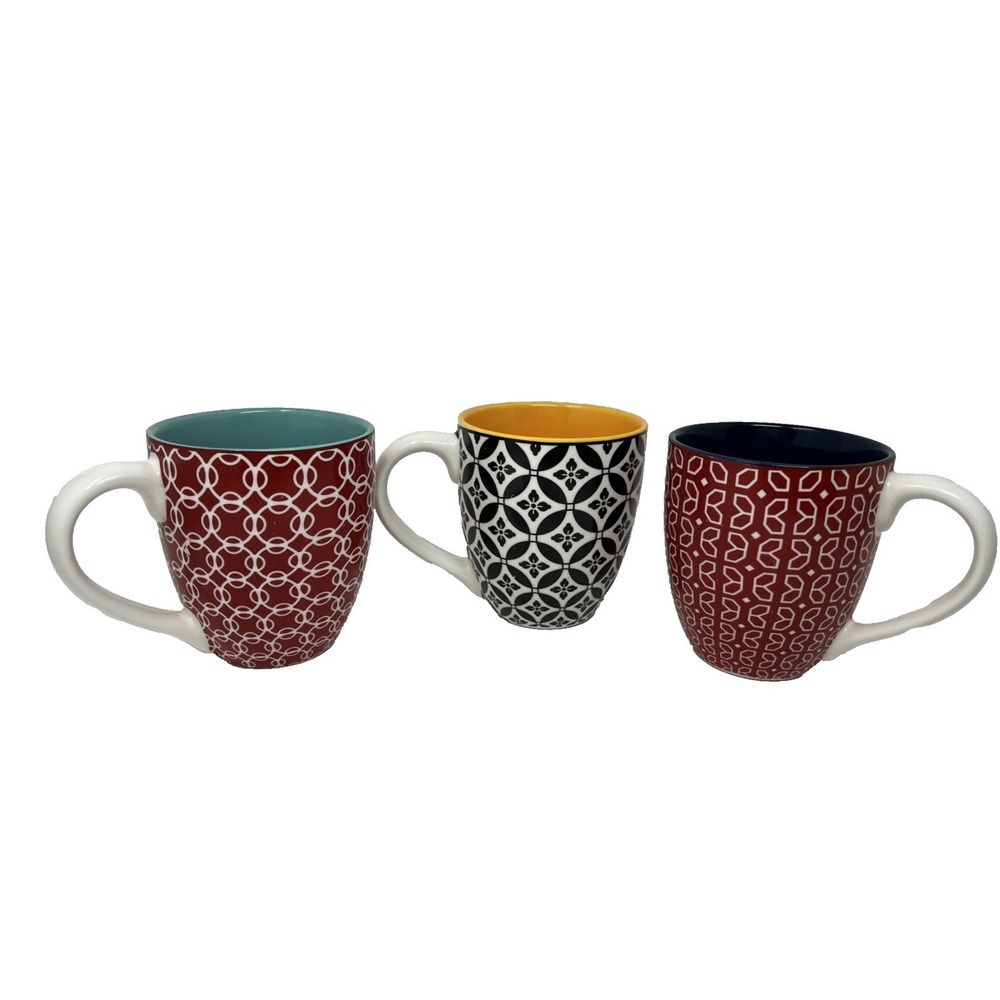 Dowan Vibrant Color Design 3 Mugs Large 19 oz For Coffee Or Cocoa Red Blue Yello